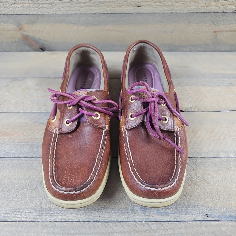 Sperry Topsider Brown Leather purple plaid Women's Boat Deck Shoes - Picture 4 of 14